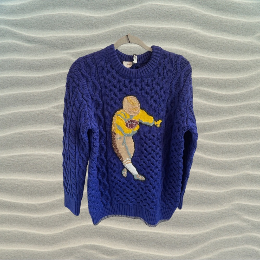 NWT Size S. COACH blue football cable knit sweater
